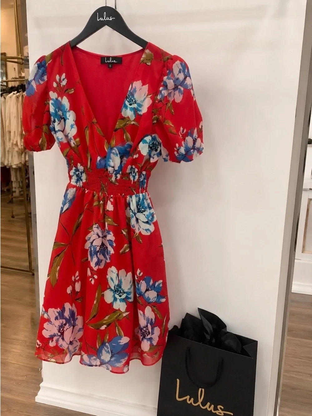 Lulu's Red Floral V-Neck Mini Dress with Blue & White Blooms